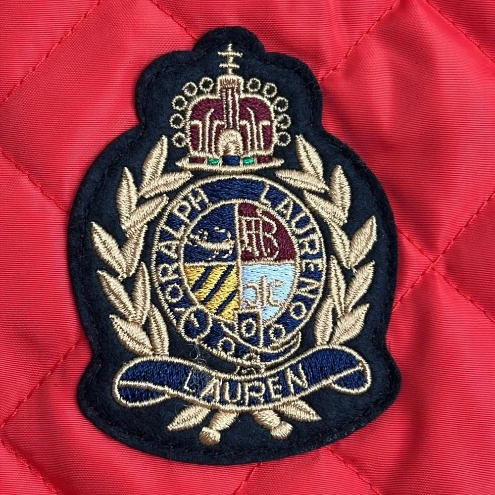Ralph Lauren Quilted Embroidered Crest Patch Vest Zip Snap Lined Orange Sz S NWT - Picture 4 of 16